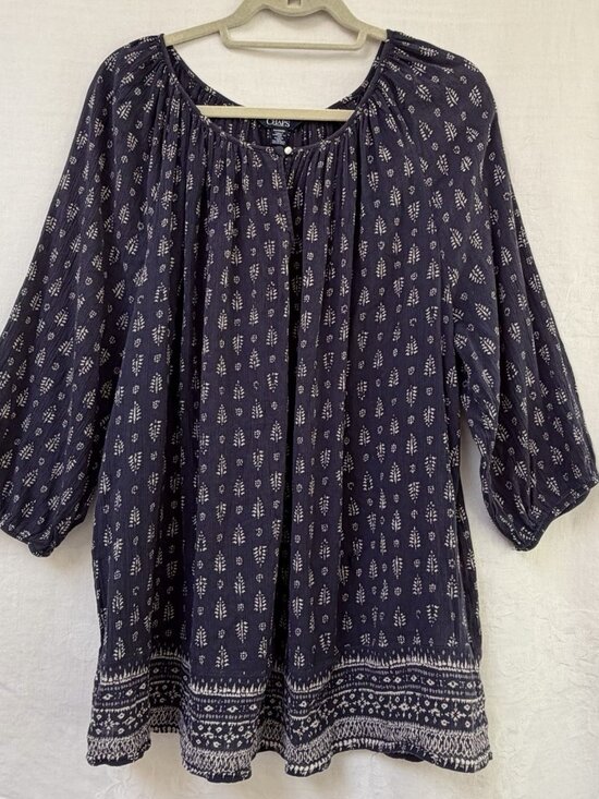Chaps Tops - Chaps Women's 2X Blue Floral 3/4 Puff Sleeve Peasant Top boho Festival Party